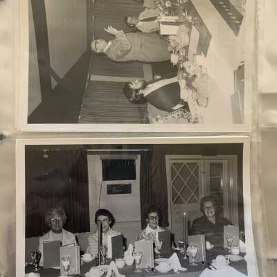 PB1 Page 5 - SLHS Charter Celebration Dinner: Top - Bob Harris President of SLHS, Barney Fowler (speaker) and Charles and Carol Viens.  Bottom - Sally Dickenon, Dorothy Barnum, Claire Healey, Helen Kane.