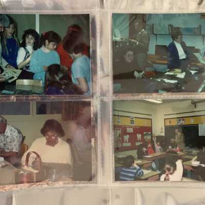 PB1 Page 23: Upper left and lower right - 1990 Enrichment Day at Sand Lake School - John Karcharian sharing flag collection.  
Upper right - Genealogical group meeting in Loudonville.