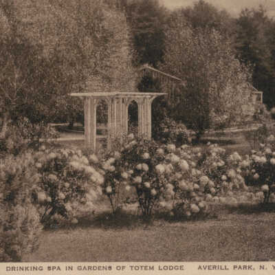 Drinking Spa in Gardens of Totem Lodge, Averill Park, NY: Drinking Spa in Gardens of Totem Lodge, Totem Lodge and Country Club, Burden Lake, Averill Park, NY, postcard.