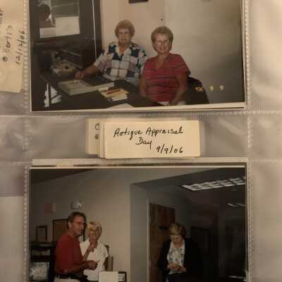 PB3 Page 17 - Antique Appraisal Day September 2006: Top - Annamae Herbert and Grace Bourdeau.
Bottom - Alan Fuess, Grace Briscoe and Mary French.