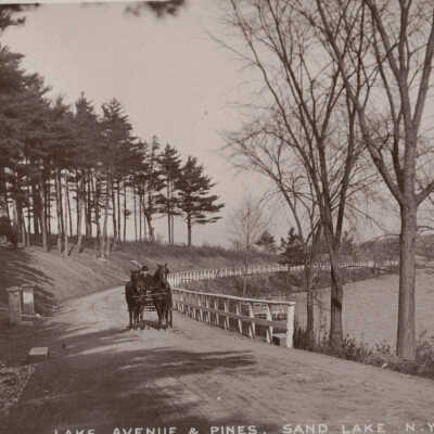 Lake Avenue & Pines, Sand Lake, NY: Lake Avenue & Pines, Sand Lake, NY, postcard.