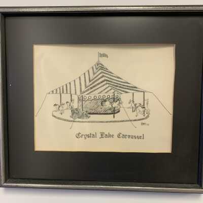 Sketch of the Crystal Lake Carousel, Sand Lake, NY: One of nine pencil and paper sketches use to help provide the artwork needed to produce a commemorative ceramic plate and postcards in celebration of the US bicentennial.  Only sketch not used on the pate.  By Lois Hunsdorfer.