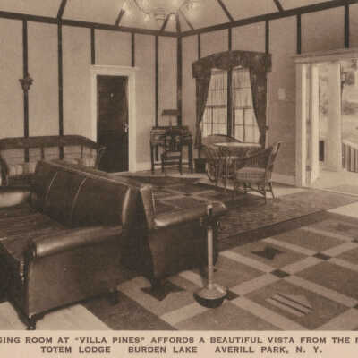 The Lounging Room at Villa Pines Affords a Beautiful Vista from the Front Door, Totem Lodge and Country Club, Burden Lake, Averill Park, NY: The Lounging Room at Villa Pines, Totem Lodge and Country Club, Burden Lake, Averill Park, NY, postcard.
