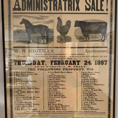 1887 Auction Poster: Advertising poster.  W. H. Hegeman auctioneer.  Margaret L. Thomas administratix.  February 24, 1887. 
