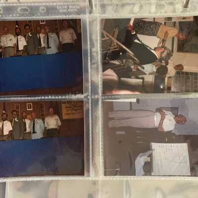 PB1 Page 44 - 1994 Town Supervisors Meeting: Upper left - Joseph Warren, Sidney Gallant, John Udwary, Douglas Kelly, Robert Carpenter, Richard Tallman, Arthur Mardon and Fred Wurtembergen (current supervisor at the time.  
Upper right - Joan Gross program Chair and Bob Lilly program presenter.
Lower left - another group Supervisors photo.
Lower right - Bob Lilly presenting.