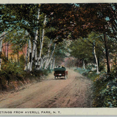 Greeting from Averill Park, NY: Greeting from Averill Park, NY, postcard.  Antique car.  Countryside.  Unspecified roadway.