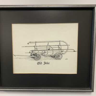 Sketch of the Old Joke, Hand Pumper, Fire Engine, Sand Lake, NY: One of nine pencil and paper sketches use to help provide the artwork needed to produce a commemorative ceramic plate and postcards in celebration of the US bicentennial.  Signed R. K. Shuey