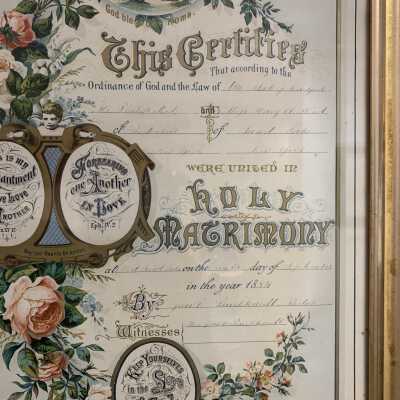 1884 Marriage Certificate - Close Up: 1884 Marriage Certificate - Close Up.  Unfortunately, the pen and ink entries have become nearly illegible due to fading.  