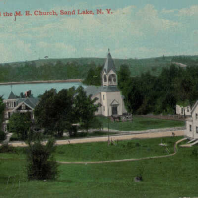Glass Lake and the M.E. Church, Sand Lake., NY: Glass Lake and the M.E. (M. E. / Methodist Episcopal) Church, Sand Lake., NY, postcard.