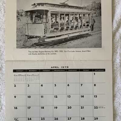 SLHS 1978 Calendar - April: Trolley car Try and New England Railroad