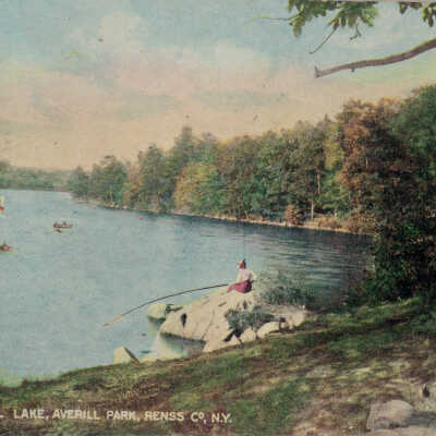 Perch Rock, Crystal Lake, Averill Park, Rensselaer County, NY: Perch Rock, Crystal Lake, Averill Park, Rensselaer County, NY, postcard. Fishing.  