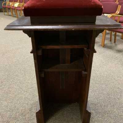 Speaker's Podium / Lectern from the First Presbyterian Church of Sand Lake - Rear: Lectern from the former church that formerly served as the Town Hall of the Town of Sand Lake and now serves as the home of the Sand Lake Center for the Arts. The First Presbyterian Church dated back to 1834 and united with the Averill Park Methodist Church in 1967.  The lectern is located in the Town Court area of Town Hall.
