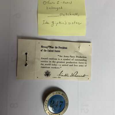 Faith Mills Army-Navy Production Award for Excellence - Personal Award, Pin and Badge Back: Faith Mills Army-Navy Production Award for Excellence - Personal Award, Pin and Badge Back