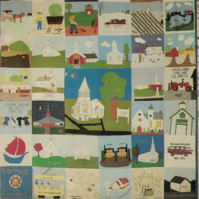 United States Bicentennial Celebration Quilt Postcard: Town of Sand Lake, United States Bicentennial celebration quilt postcard.  Local residents and civic groups created the quilt featured on the postcard created by to help celebrate the US Bicentennial.  