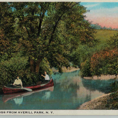Greetings From Averill Park, NY: Greetings From Averill Park, NY, postcard. Two women in a canoe on a stream design.