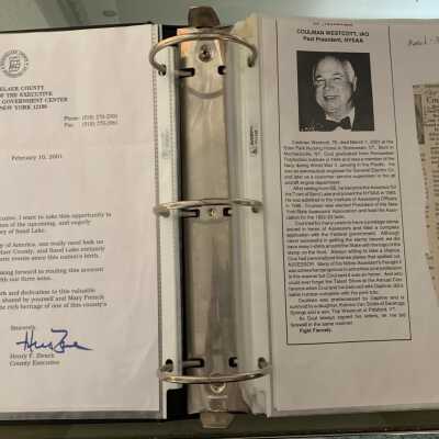 NAB Pages 9 and 10: Left congratulatory letter from Rensselaer County Executive Henry Zwack to Robert Lilly regarding the Sand Lake book. Right Coulman Westcott Town Assessor obituary.