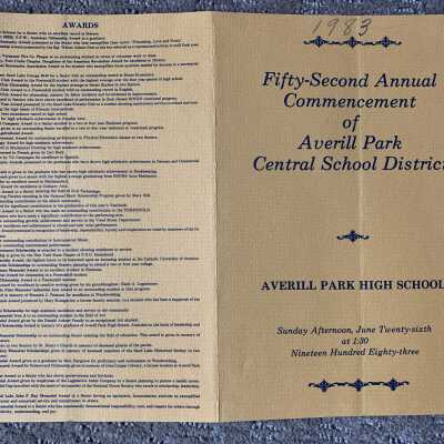APHS Commencement Program 1983 - Front and Back Covers: SLHS awards given in overall memory of "deceased SLHS members."  Student winners were Melanie Smead and Zachary Schulman.