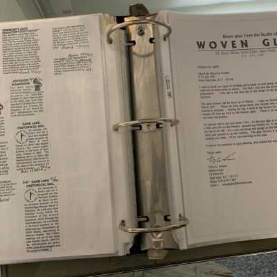 NAB Pages 53 and 54: Left side - PPAs regarding presentations regarding the History of the Sand Lake Baptist Church and the Mohican Indian tribe by Steve Comer.  Right side - A thank you letter and invitation to SLHS from glass blower Terry Weaver.