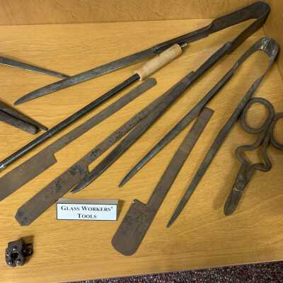 Miscellaneous Glass Making Tools - Right Side Close Up: Collection of glass making shears, crimpers, tweezers, and jacks.  Refer to the following Corning Glass web site for additional information:  https://www.cmog.org/article/tools-glassmaker