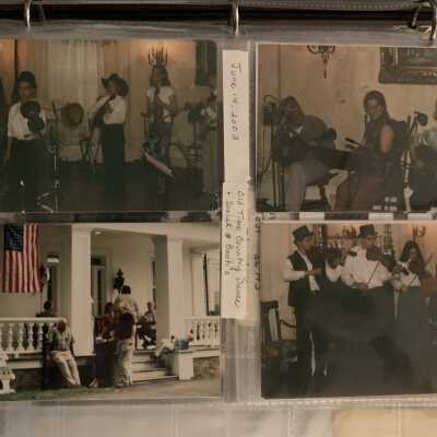 PB3 Page 3: Top 2 and Bottom Right - Old time country dance at Berti's/Knowlson's House.  Caryn Neidringhaus, Andy Daves and Will Willing adult musicians.  Rest student musicians. June 2003. 
Bottom Left - Rensselaer County Drive Yourself History Day July 2004.  On the porch of the Berti/Knowlson House.