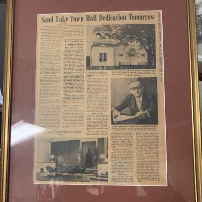 Town of Sand Lake, Town Hall Dedication, Framed Newspaper Article: Town of Sand Lake, Town Hall Dedication, Framed Newspaper Article