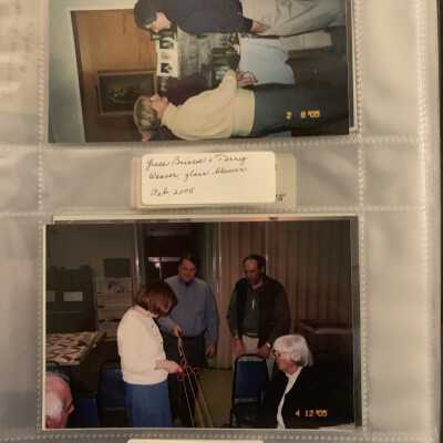 PB3 Page 9: Top - Grace Briscoe and Terry Weaver glass blower February 2005.
Bottom - Mike St Germain holding a rope during a rope making presentation by Mike Speeranza April 2005.