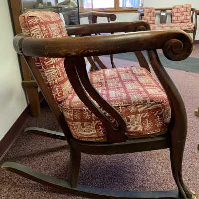 Gregory Estate Rocker - Side: Rocking chair from the estate of a prominent 19th-century family in the Town of Sand Lake, NY.  Refer to the following URL for more information if desired:  http://history.rays-place.com/ny/ren-sand-lake-ny.htm 