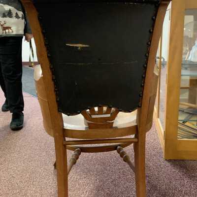 James K. Averill Law Office Chair – Rear: Chair from the Law Office of James K. Averill donated to the Town of Sand Lake by descendant Donald Averill Howard on June 13, 1982.  The following URL provides additional details about J. K. Averill as desired  https://sandlakehistory.org/averill.htm