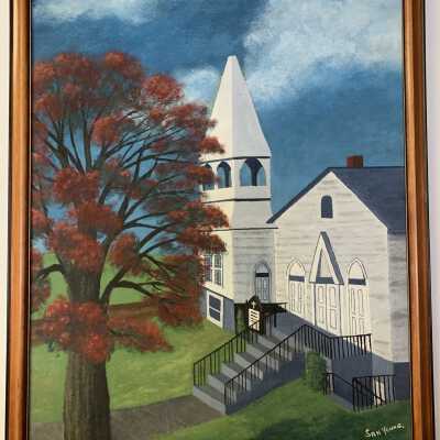 First Presbyterian Church of Sand Lake: Painting by Sanford Young.  Reverse notes donation to the Town Historian by Judy Rowe.  