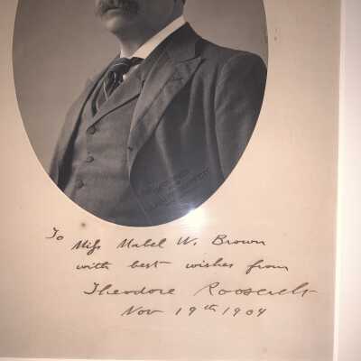 Currently located in the Town Supervisor's Office.  Origin Unknown.  Mabel W. Brown was a member of the Brown family which owned and operated the Crooked Lake House Hotel in the Town of Sand Lake, NY, at the time and was occasionally visited by the Roosevelt family for events and overnight trips.