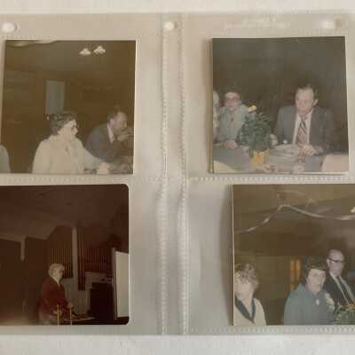 PB1 Page 65 - Year not noted: Upper Left and Right - Kitty Mace and Pete Sprague Annual Meeting Glass Lake Inn
Lower left - Shaker Speaker Town Hall
Lower Right - Beryl Vannier