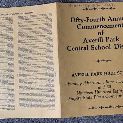 APHS Commencement Program 1985 - Front and Back Covers: SLHS awards given in overall memory of "deceased SLHS members."  Student winners were Virginia Bourdeau and Mark Hill.