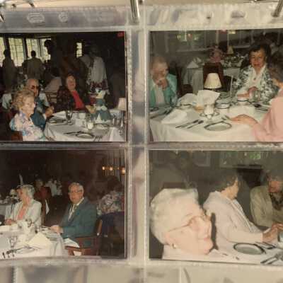 PB1 Page 37 - 1993 Annual Meeting Crooked Lake House: Upper left - Marie Beek and Stanley and Ethel Buck
Upper right - Ruthea Backer, Ida Schipps and Iona Mosher 
Lower left - Marge and Eugene Ellnor
Lower right - Judy Rowe, Velma Bushnell and Diane Freeman