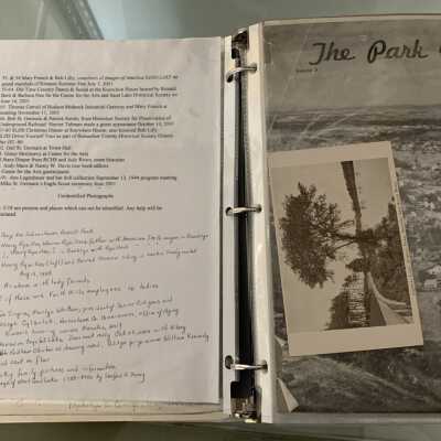 PPB Pages 3 and 4: Left side displays page 2 of 2 of the numbered photo and memorabilia annotations found throughout the rest of the binder.  Right side displays an aerial view of Averill Park as shown in a December of 1954 issue of the Park Digest as well as a Crystal Lake and New State Road postcard.