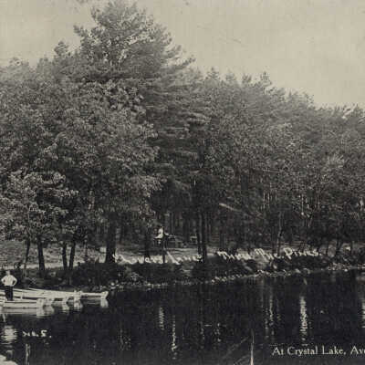 At Crystal Lake, Averill Park, NY: At Crystal Lake, Averill Park, NY, postcard with Lover's Lane and Thru The Pines notations.  Includes Boats.  