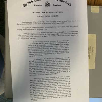 Sand Lake Historical Society Absolute Charter - 1979 - Amendment 2017 Page 1: Charter amendment authorizing SLHS 501(c) designation.  Currently stored in SLHS File Cabinet 1, Drawer 1, in a big manila envelope.