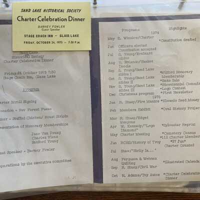 PB1 Page 2 - SLHS Charter Celebration Dinner Program: Note that SLHS actually began producing program presentations in May of 1974 well before its official chartering in 1975.  Where was the Stage Coach Inn?