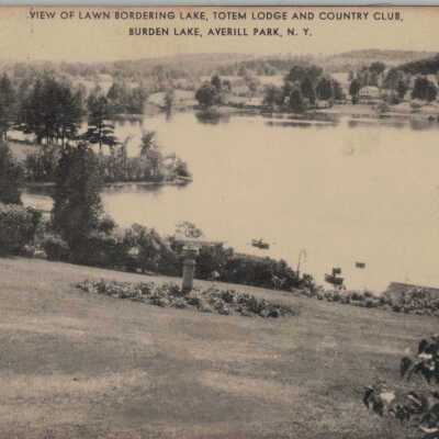 View of Lawn Bordering Lake, Totem Lodge and Country Club, Burden Lake, NY: View of Lawn Bordering Lake, Totem Lodge and Country Club, Burden Lake, NY, postcard.