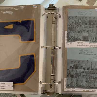 SLSB1 - Pages 27 and 28: Left Phyllis Gardner Varsity Cheerleading Letter 1942 - 1943, Right class photos 1946 and 1948.