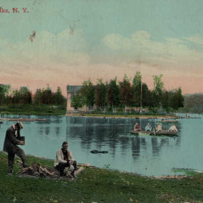 Burden Lake, NY #2: Burden Lake, NY, postcard.  Includes boats, vintage photographer / photography and men along the shore.  Specimen 2 of 2.