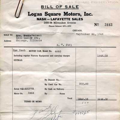 Logan Square Motors 1946 Bill of Sale