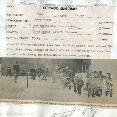26 boys shovel snow around school: Back of photograph