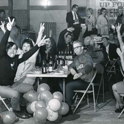 Beer and music keep George Wallace supporters happy in the Logan Square Hall
