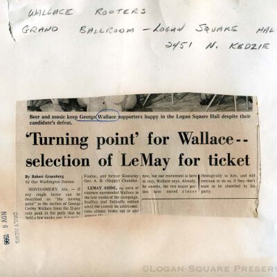 Beer and music keep George Wallace supporters happy in the Logan Square Hall: Back of photograph