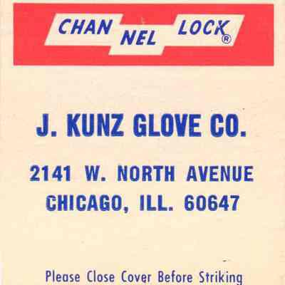 J. Kunz Glove Co. matchbook