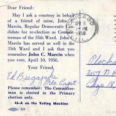 Re-Elect John C. Marcin Democratic Committeeman: Back of postcard
