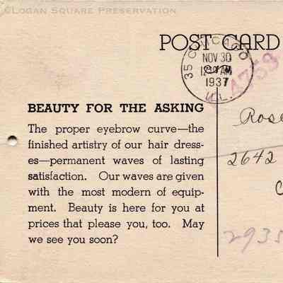 Helen's Beauty Shoppe December 1937: Back of postcard