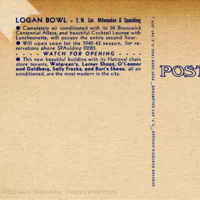 Logan Bowl - S.W. Cor. Milwaukee & Spaulding: Back of postcard