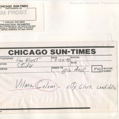 Vilma Colom - city clerk candidate: Back of photograph