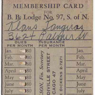 Membership Card No. 497 for B.B. Lodge No. 97, S. of N.